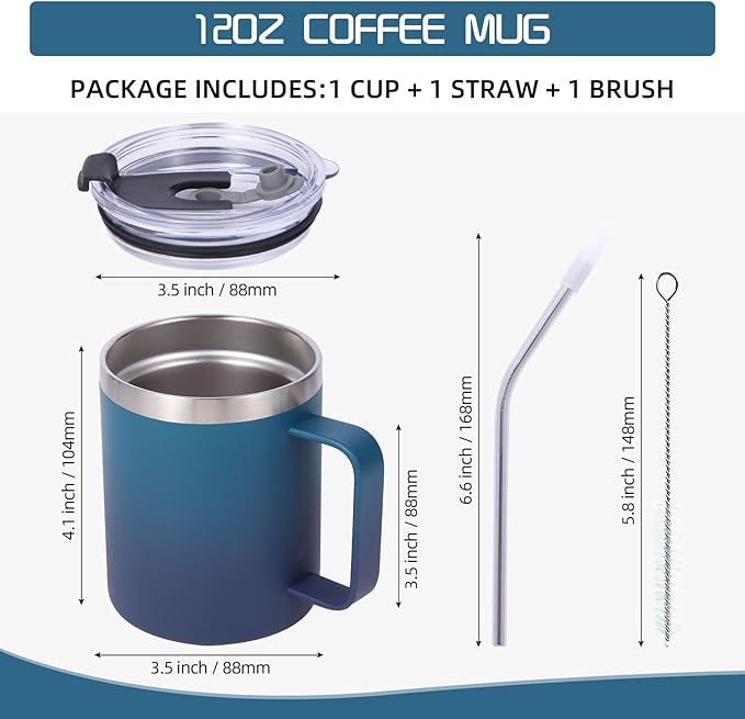 Volhoply 12oz Insulated Leakproof Coffee Mug with Flip & Straw Lid Bulk 4 Pack,Double Wall Vacuum Stainless Steel Travel Tumbler Cup with Handle,Camping Mugs Keep Cold/Hot(Dark Night,4 Set)