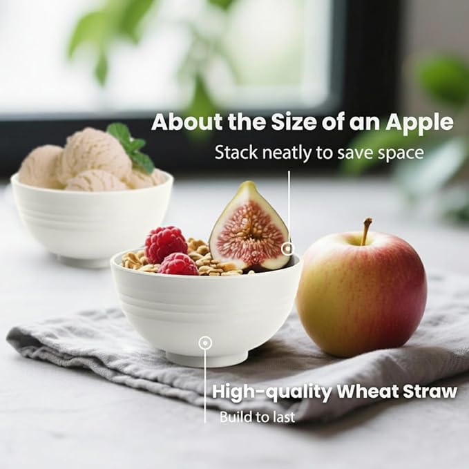 Wheat Straw Bowls Unbreakable Small Bowls Set of 8, Plastic Mini Bowl -10 OZ, Small Serving Bowls for Kitchen, Microwave and Dishwasher Safe for Ice Cream, Snack, Appetizer (White)