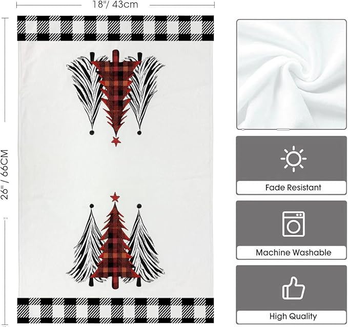 Black & White Buffalo Plaid Christmas Kitchen Towels Set of 2 | 18x26 Inch Dish Towels with Xmas Tree Holiday Decor for Farmhouse Kitchen & Bath