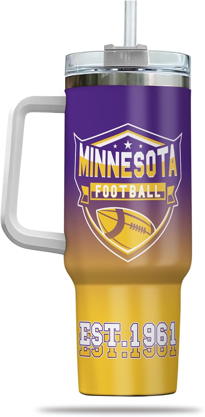 Custom Football Tumbler with Handle & Straw, Personalized 40oz Stainless Steel Insulated Travel Mug, Name & Number Cup, Sports Gift for Game Day Fans (Minnesota)