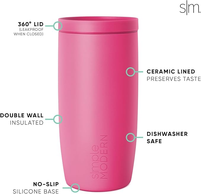 Simple Modern Travel Coffee Mug Tumbler with 360° Lid | Ceramic-Lined Insulated Stainless Steel Cold Brew Iced Coffee Cup Thermos | Gifts for Women Men Her Him | Voyager Signature | 16oz | Berry