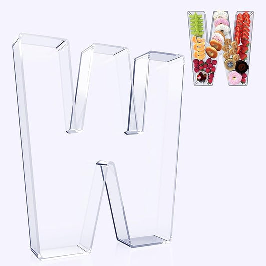 11" Acrylic Letter Charcuterie Box, Reusable Fillable Alphabet Number Shaped Form Tray for Birthday Anniversaries, Party Decorative Serving Plates Display Candy Cake (W)