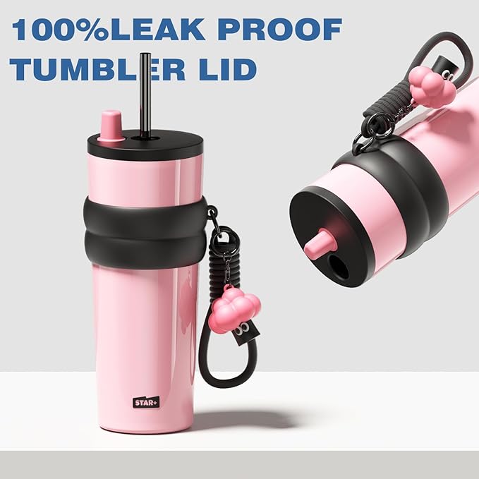 24 oz Stainless Steel Tumbler with Lid and Straw, Insulated Water Bottle Leak Proof for Hot and Cold, Portable Travel Coffee Mug, Reusable Coffee Cup for Women, Pink