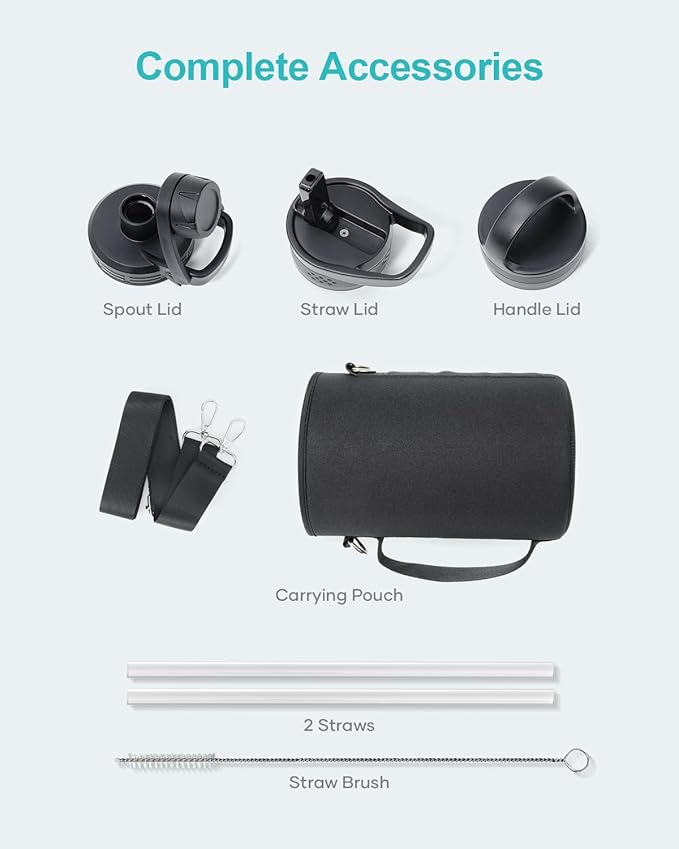 BUZIO 64 oz Water Bottle Insulated with Straw & 3 lid and Carrying Pouch, Leak Proof Half Gallon Stainless Steel Water Flask Jug, Cold for 48 Hrs Double Vacuum Thermo Canteen, BPA-Free, Black