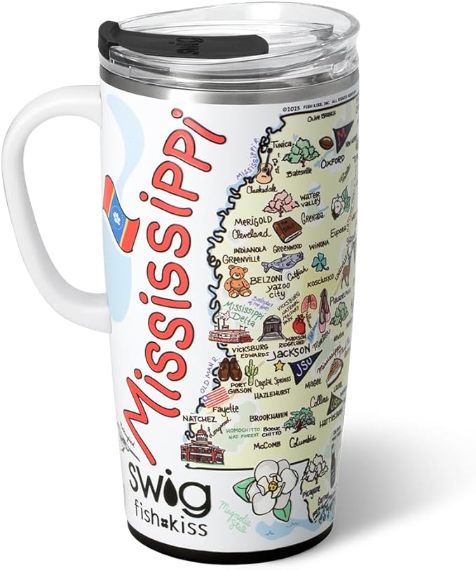 Swig Life 22oz Travel Mug, Insulated Tumbler with Handle and Lid, Travel Coffee Mug, Cup Holder Friendly, Stainless Steel 22 oz Tumbler, Reusable Insulated with Lid (Mississippi)