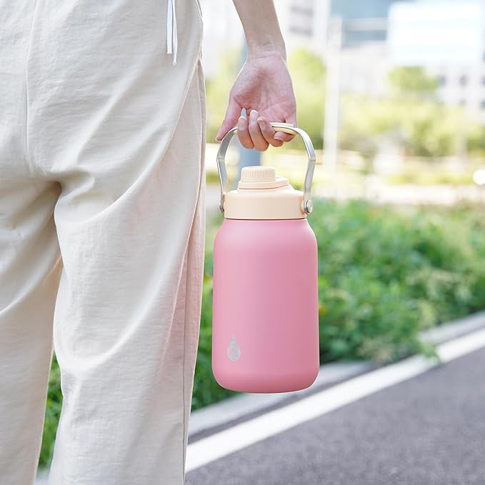 BJPKPK Half Gallon Insulated Water Bottles, 64oz Water Jug with Metal Handle & BPA Free Spout Lid, Dishwasher Safe Thermo, Large Stainless Steel Gym Sport Jugs, Pink