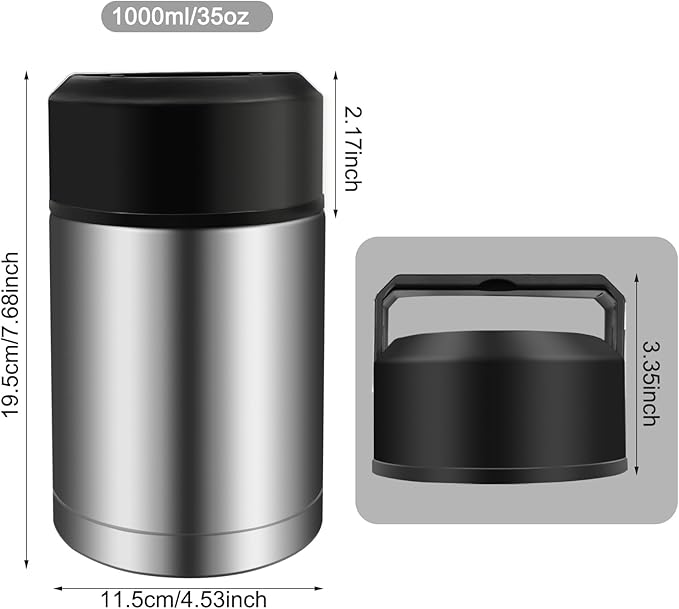 35oz Soup Thermos, Stainless Steel Thermos for Hot Food, Wide Mouth Food Thermos Jar, Insulated Lunch Container Leak Proof Vacuum Thermal Flask (silver-35oz)
