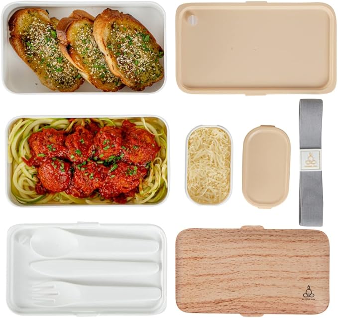 Restaurantware Bento Tek 40.5 Ounces Stackable Lunch Box 1 Reusable Adult Lunch Container - With Utensils Included Sauce Cup Wood Grain & White Plastic Layered Lunch Box Microwavable Dishwashable