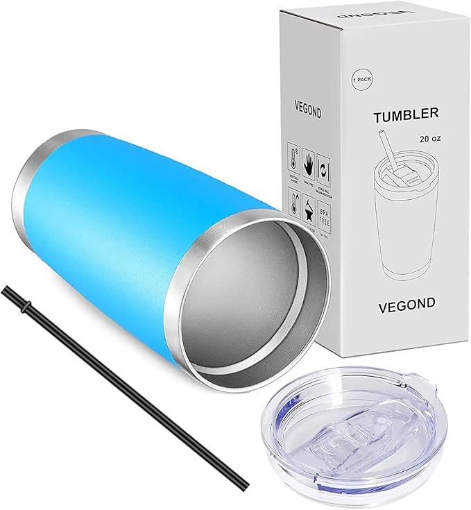 VEGOND 20oz Tumbler with Lid and Straw Stainless Steel Tumbler Cup Vacuum Insulated Double Wall Travel Coffee Mug Powder Coated Coffee Cup(Sky Blue 1 Pack)