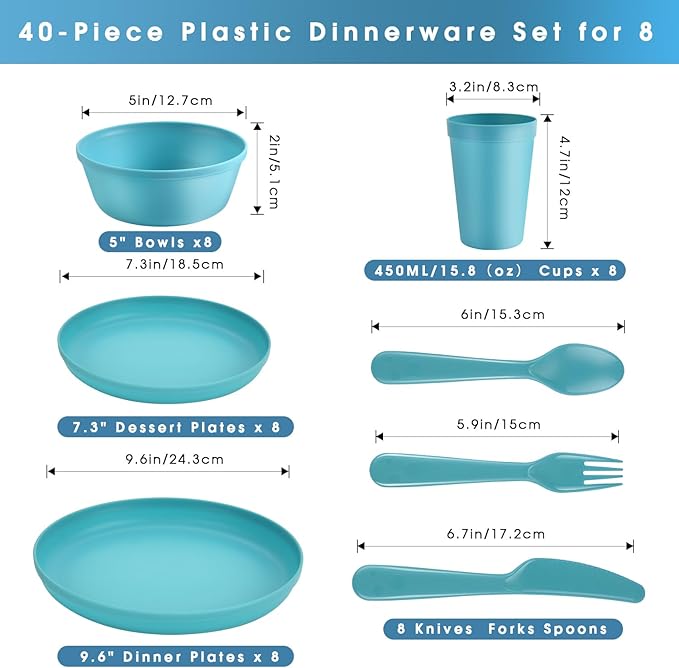 40-Piece Unbreakable Kids Dinnerware Set for Toddlers & Children, BPA-Free & Easy-Clean PP Plates and Bowls, Microwave & Dishwasher Safe, Complete Family Pack (Service for 8)