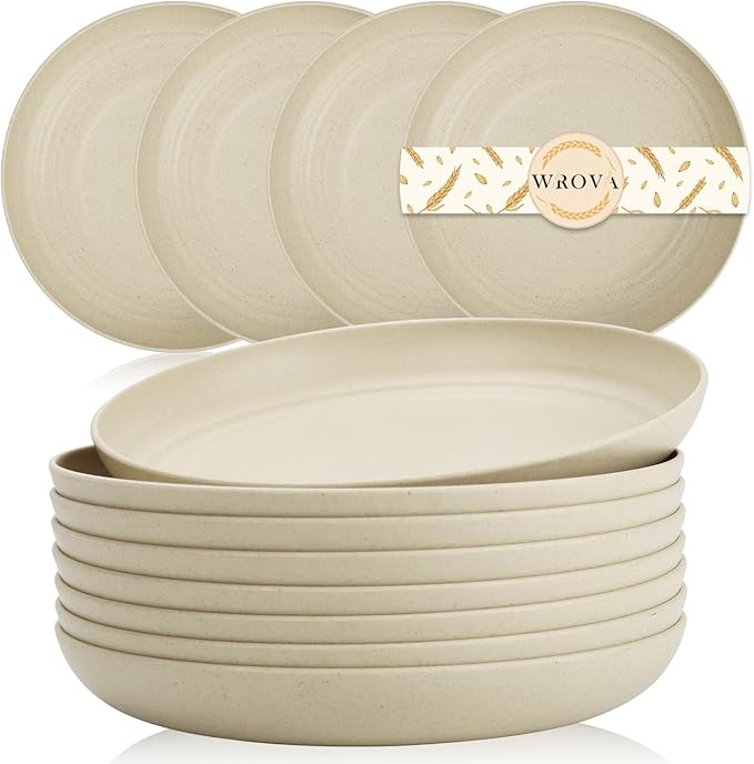 Wrova Wheat Straw Plates - 8 Inch Unbreakable Dinner Plates Set of 8 - Dishwasher & Microwave Safe Plastic Plates Reusable - Lightweight Small Plates for kitchen,R.V. (Beige)