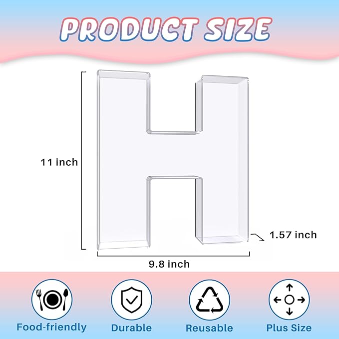 11" Acrylic Letter Charcuterie Box, Reusable Fillable Alphabet Number Shaped Form Tray for Birthday Anniversaries, Party Decorative Serving Plates Display Candy Cake (H)