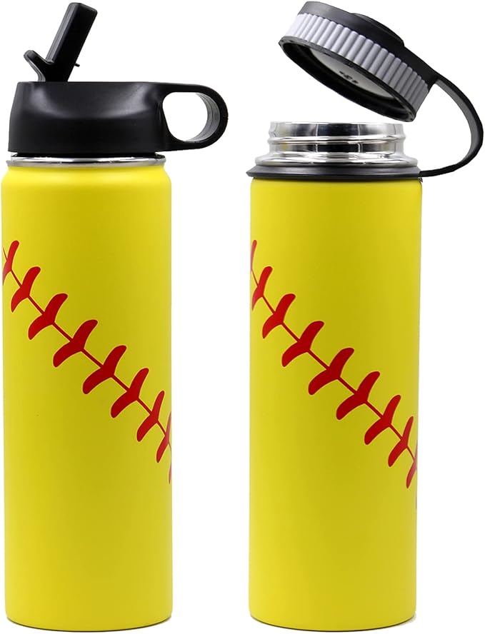 22 oz Softball Water Bottle, Metal Sports Flask Thermo Travel Tumbler with 2 Lids, Stainless Steel Double Wall Vacuum Leak Proof Insulated Water Bottles, Softball Stuff Gifts for Mom Men Boys Girls