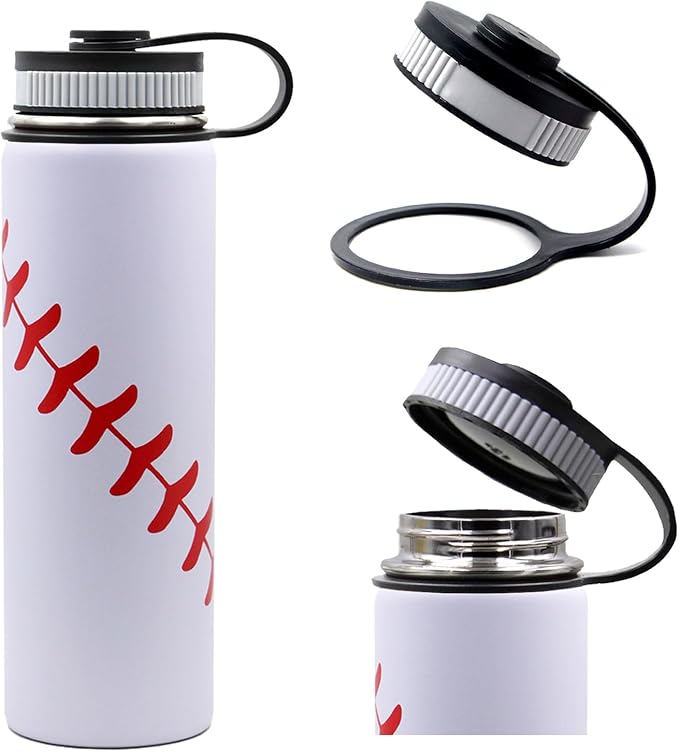 22 oz Baseball Water Bottle, Sports Flask Metal Thermo Travel Mug with 2 Lids, Stainless Steel Double Wall Vacuum Insulated Leak Proof Water Bottles, Baseball Accessories Gifts for Mom Men Boys Girls