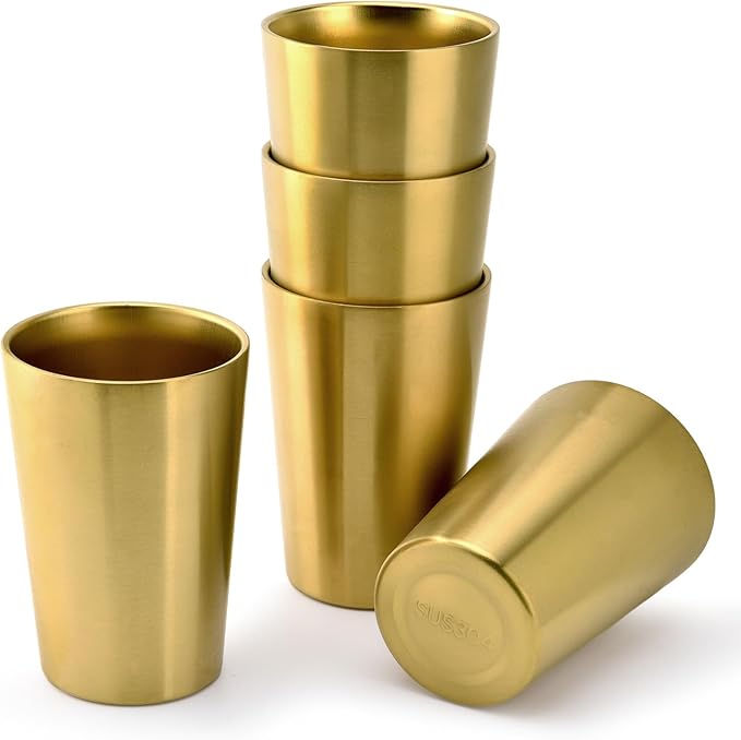 5 Pack 12 oz Stainless Steel Insulated Cup, Double Wall Vacuum Small Metal Cup, Reusable Camping Cups Unbreakable Indoor Outdoor for Party, Home, Office, BBQ, Gold