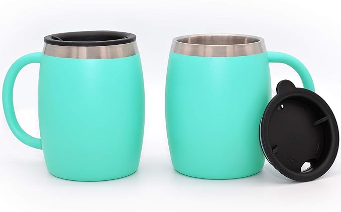Stainless Steel Insulated Coffee Mugs Set of 2 (14oz) Double Wall Coffee Cups With Spill Resistant Lid & Handle – Shatterproof Cups for Cold & Hot Drinks for Indoor & Outdoor Use (Aqua Blue)
