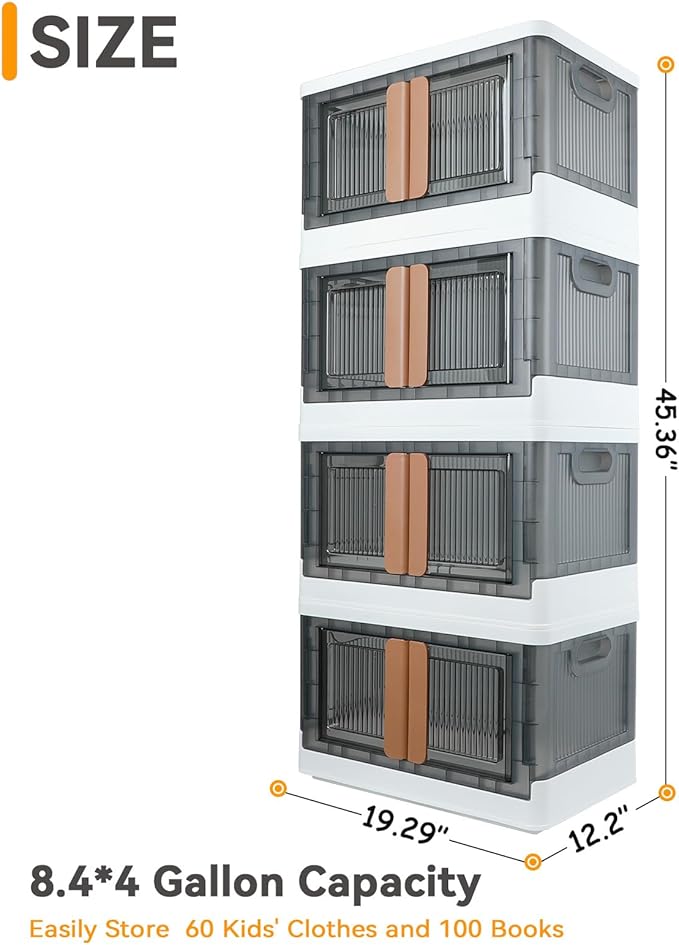 Storage Bins, Cabinet with Lids, 8.4 Gallon Capacity (Per One), 4 Pack, Stackable, With Door And Buckle, Collapsible, Transparent, For Toys, Cloth, Books