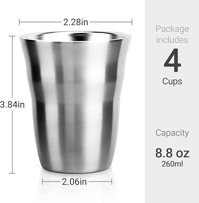 Beasea Metal Cups 8 oz Set of 4, Stainless Steel Cup 8 oz Double Wall Stackable Small Mini Glasses Insulated Drinking Tumblers for Home Restaurant Office Camping Party