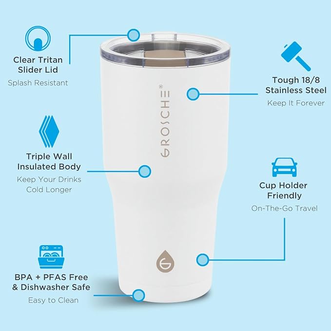 GROSCHE Yukon 20 oz Insulated Coffee Mug with Lid - Durable Travel Mug, Stainless Steel Tumblers, Vacuum Insulated Coffee Tumbler for Hot or Cold Beverages - CREAM WHITE