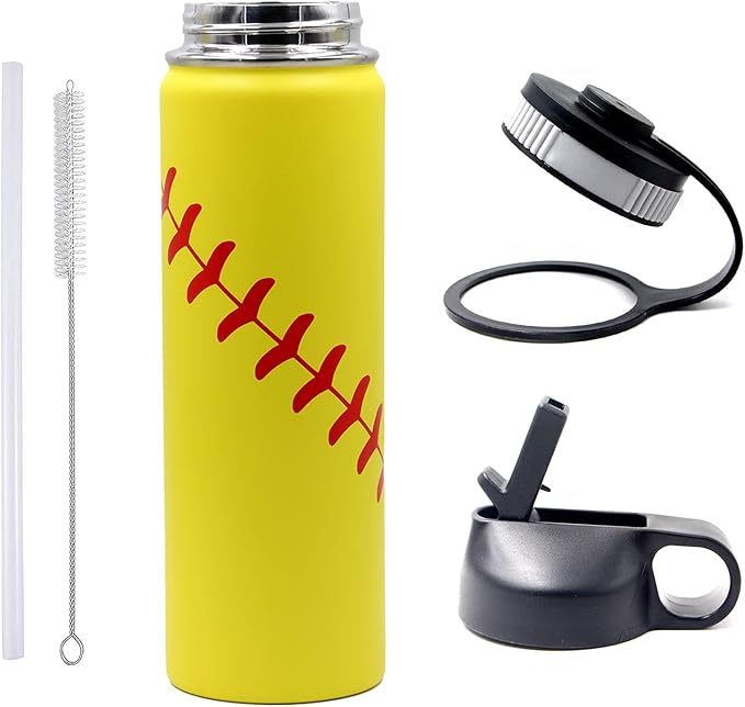 22 oz Softball Water Bottle, Metal Sports Flask Thermo Travel Tumbler with 2 Lids, Stainless Steel Double Wall Vacuum Leak Proof Insulated Water Bottles, Softball Stuff Gifts for Mom Men Boys Girls