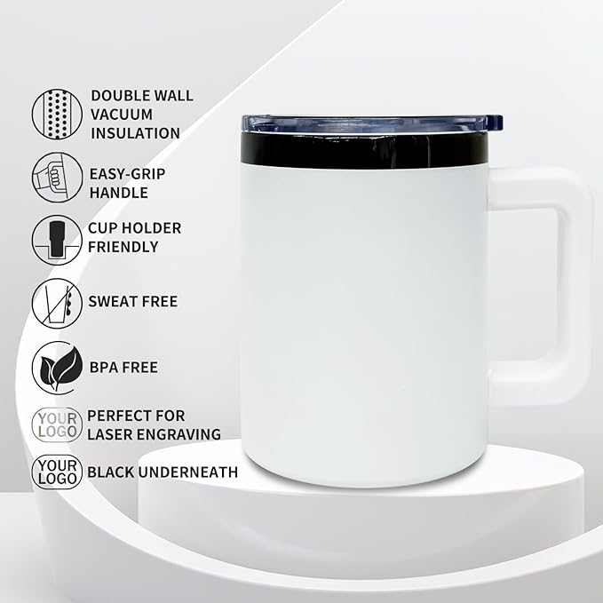 10 oz Tumbler with Handle and Straw Stainless Steel Insulated Coffee Mug for Laser Graving Powder Coated Cup with Black Plated(White,6 pack)