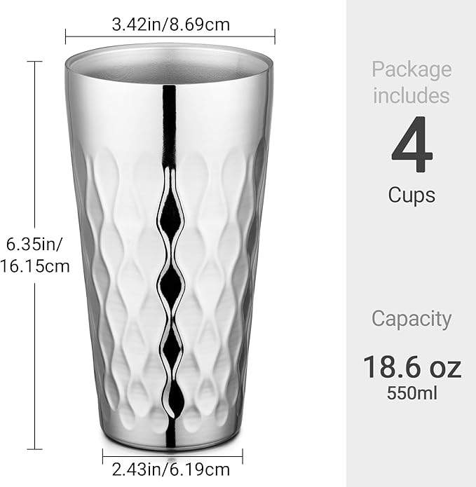 Beasea Stainless Steel Cups 19 oz, 4 Pack Large 18.6oz 550ml Stainless Steel Drinking Cups Tumbler Stackable Double Wall Insulated Individual Metal Pint Glasses Tin for Home Party Camping