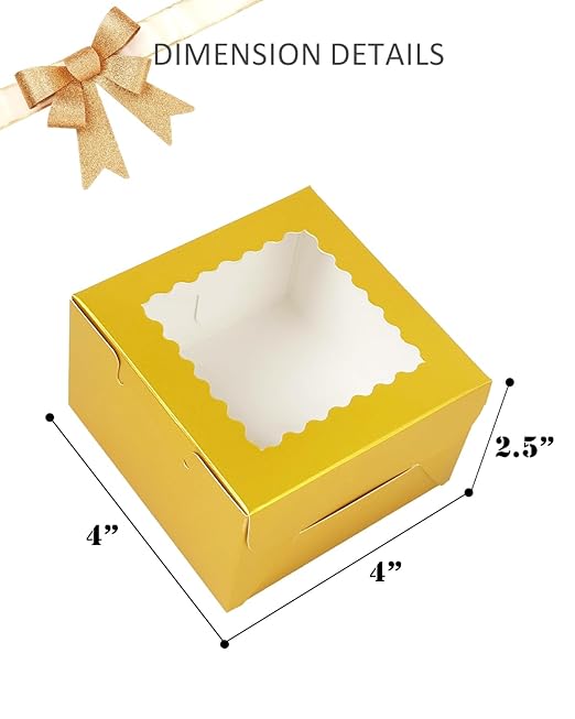 Bakepacker 60pcs Gold Bakery Boxes with Window 4x4x2.5 inches Thick & Sturdy Macaroon Pastry & Cookie Boxes