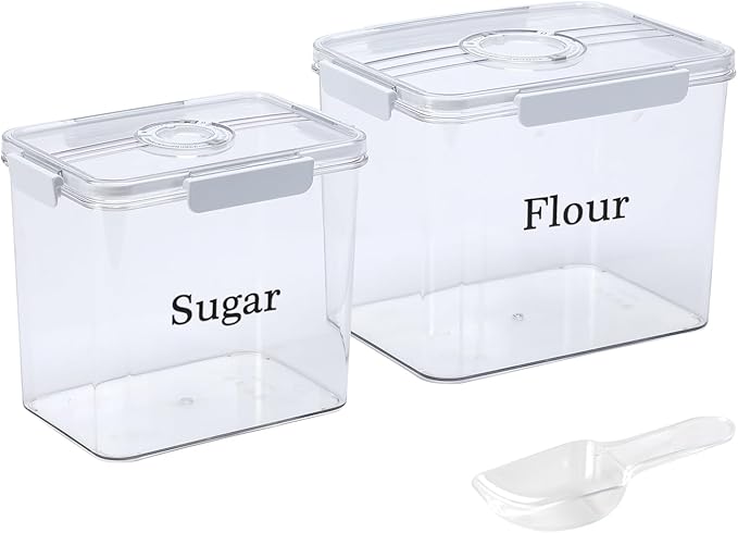 2 Pack Flour Sugar Storage Container,Plastic Food Storage Containers with Airtight Lids,Canisters Sets for The Kitchen,Sugar,Flour,Cereal,Baking Supplies,Rice,Pantry Organization Bin(5.2&2.9L)