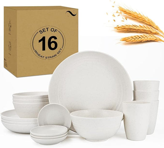 Premium Wheat Straw Dinnerware Sets for 4, Microwave Safe Plates and Bowls Sets 16-Piece,Unbreakable and Lightweight Dinner Plates for Kitchen,Picnic and Party,Plates Set,Cups Set(White)