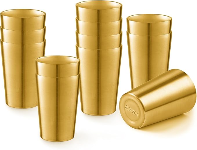 12 Pack 12 oz Stainless Steel Insulated Cup, Double Wall Vacuum Small Metal Cup, Reusable Camping Cups Unbreakable Indoor Outdoor for Party, Home, Office, BBQ, Gold