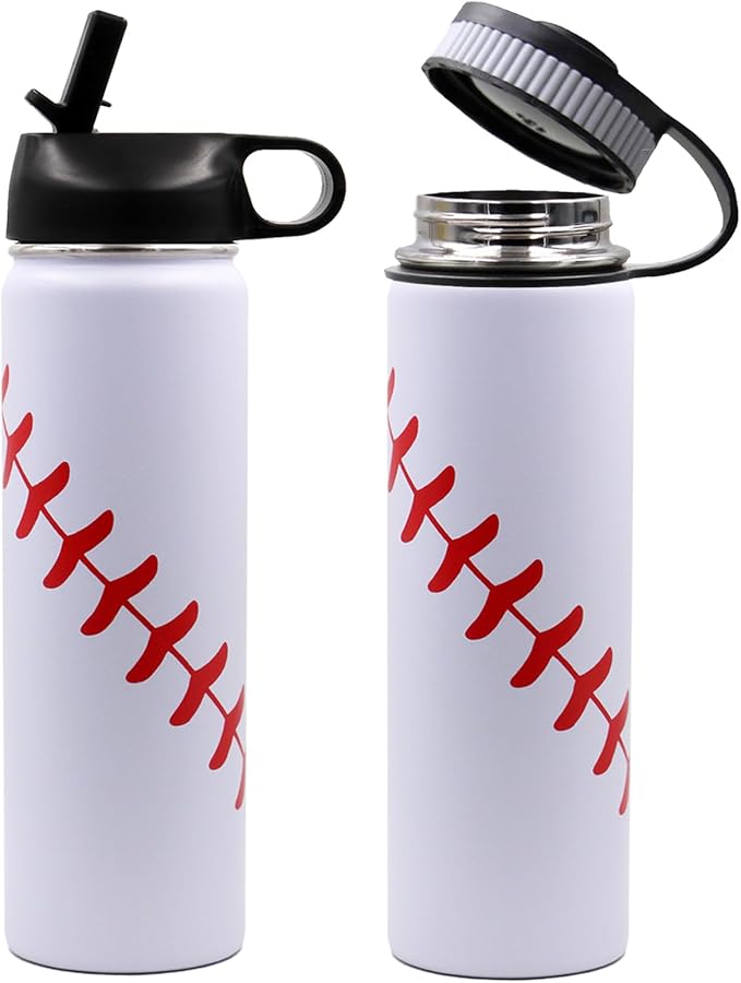 22 oz Baseball Water Bottle, Sports Flask Metal Thermo Travel Mug with 2 Lids, Stainless Steel Double Wall Vacuum Insulated Leak Proof Water Bottles, Baseball Accessories Gifts for Mom Men Boys Girls
