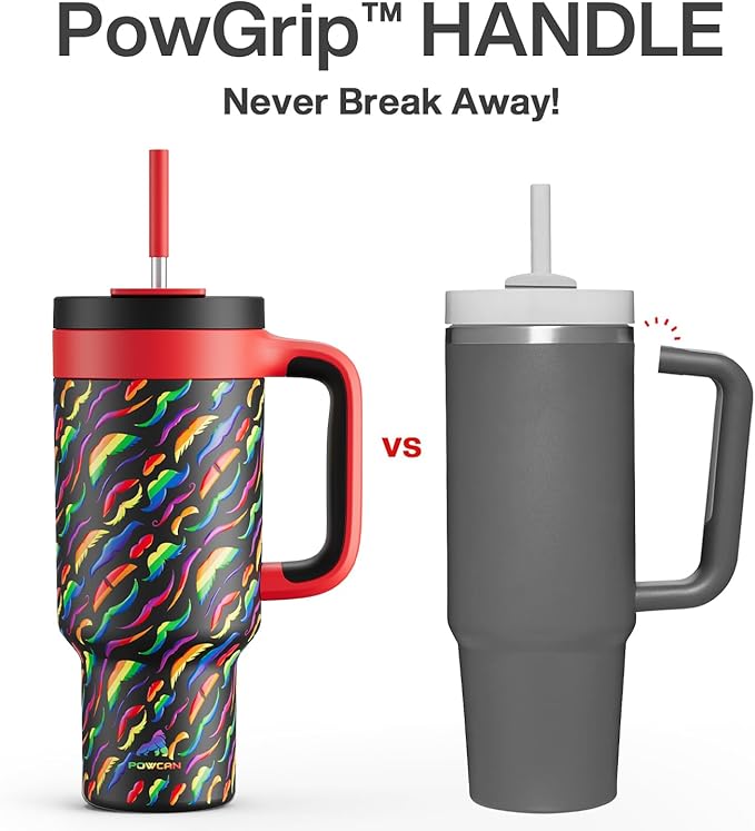 40 oz Tumbler with Handle, 2-in-1 Straw and Sip Lid, Leakproof, Dishwasher Safe, Insulated Stainless Steel Travel Coffee Mug, Keeps Cold for 34 Hours, Fits in Car Cup Holder (Rainbow Whiskers)