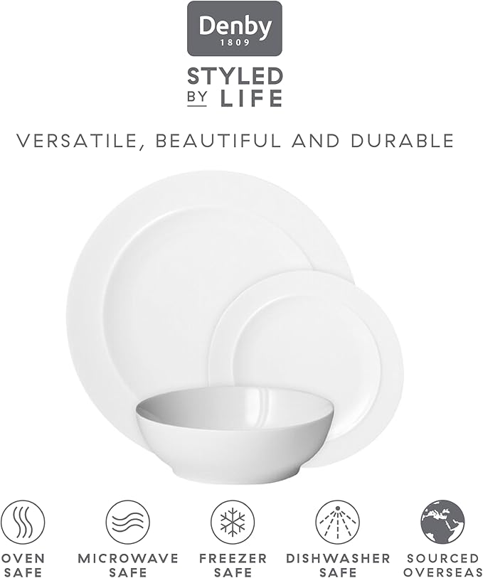 Denby - White By Denby Dinner Set For 4-12 Piece Tableware Set - Fine Porcelain Dinnerware Set - Dishwasher Microwave Oven Safe, Scratch Resistant - 4 x Dinner Plates, Small Plate & Cereal Bowls