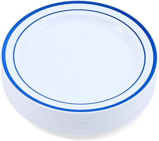 120-Piece Salad Plastic Plates Set - Premium Disposable Plates for Party - White with Blue Rim