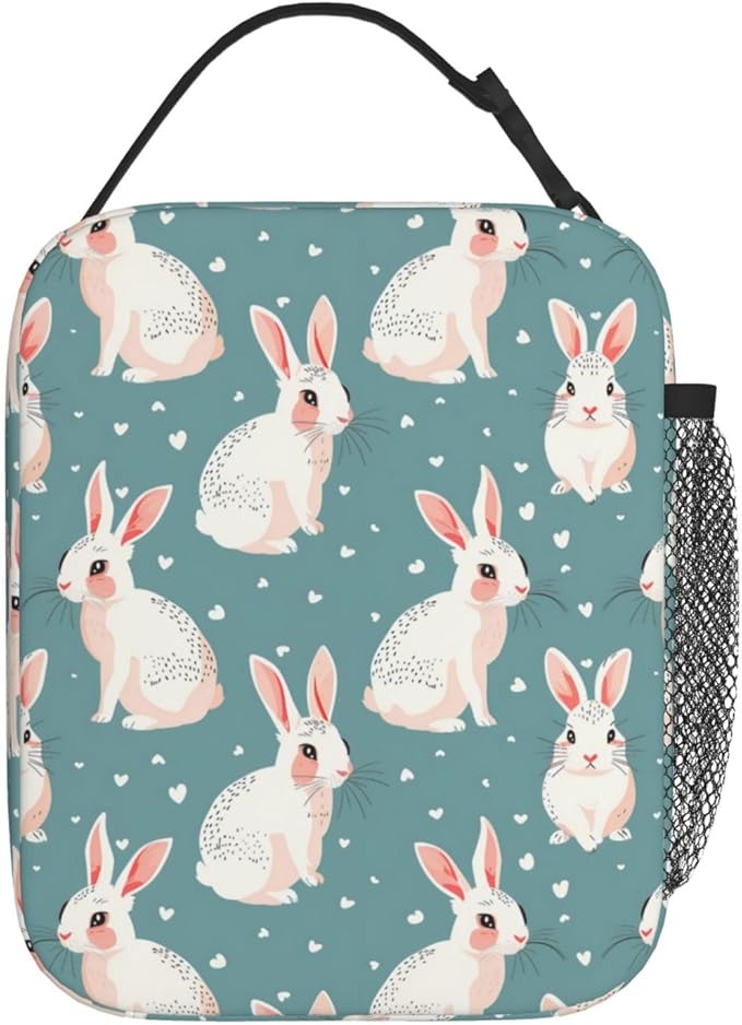 Reusable White Rabbit Lunch Box for Kids Girls Boys Women Adult, Insulated Cute Bunny Lunch Bag,Polyester Cooler Handbags Case for School Picnic Work Travel Beach or Hiking