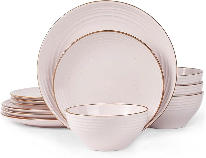 Famiware Jupiter Dinnerware Set, Plates and Bowls Dish Sets for 4 (12 Pieces), Microwave and Dishwasher Safe Stoneware Speckled Tableware, Chip and Scratch Resistant, Light Pink