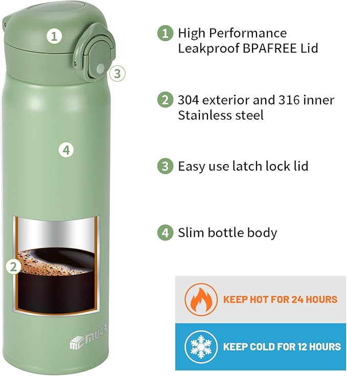17 oz / 500 ml Insulated Water Bottle, Stainless Steel Thermo Coffee Travel Mug, Thermal Cup with Snap Flip Lid, BPA Free for Hot and Cold Drinking, Green