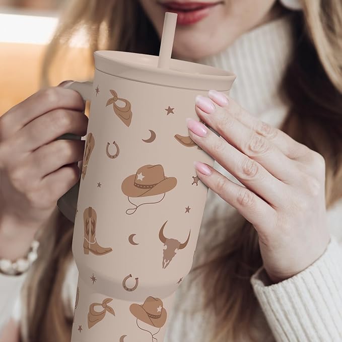 Cowgirl Tumbler 40oz for Women Girls – Stainless Steel Travel Coffee Mug Cup with Handle and Straw, Gift for Birthday Christmas