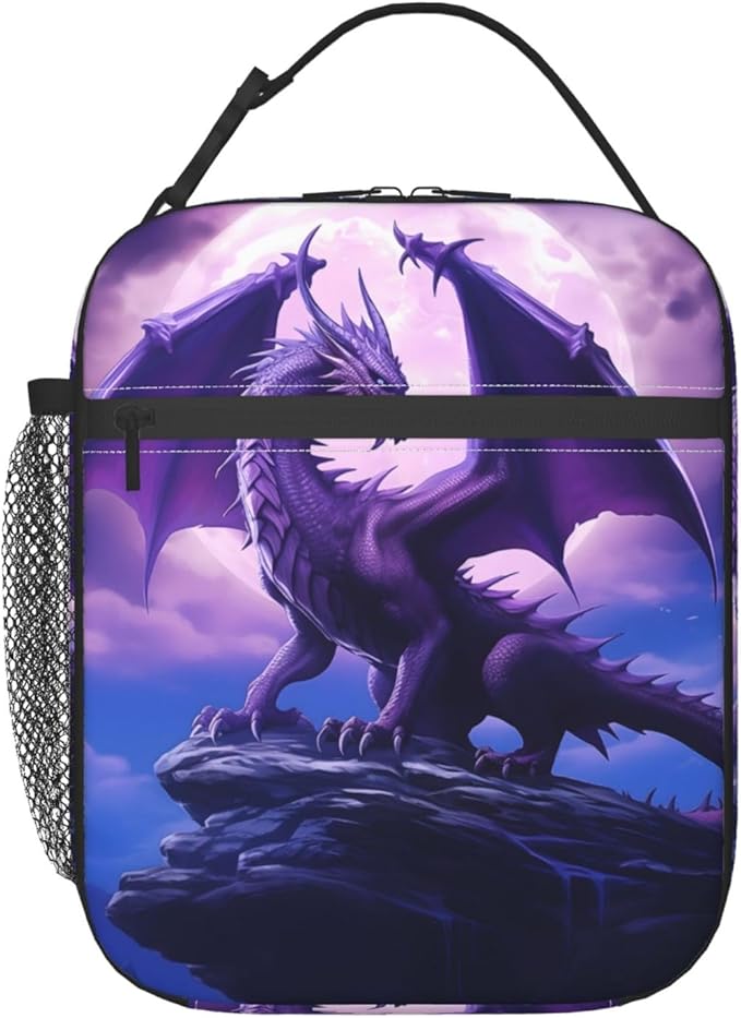 Reusable Purple Dragon Lunch Box for Kids, Insulated Mystical Fantasy Bag,Polyester Cooler Animal Lovers Handbags Case for School Picnic Work Travel Beach or Hiking, Gifts