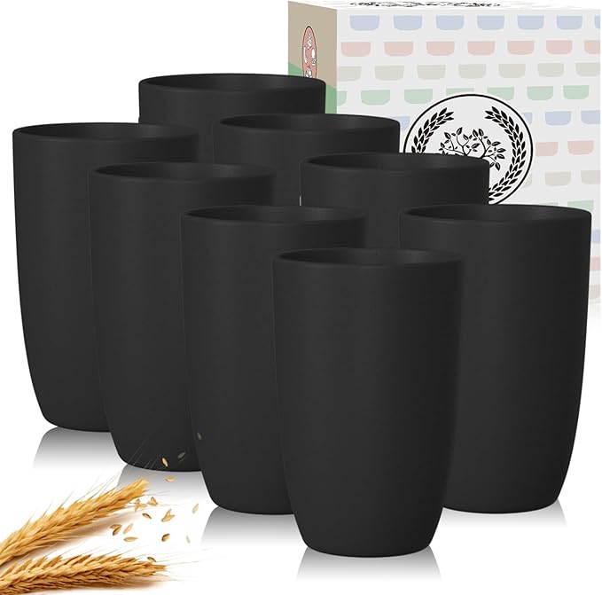 Homienly Wheat Straw Cups 8 PCS Plastic Cups Unbreakable Drinking Cup Reusable Dishwasher Safe Water Glasses with Black Color (20 OZ)