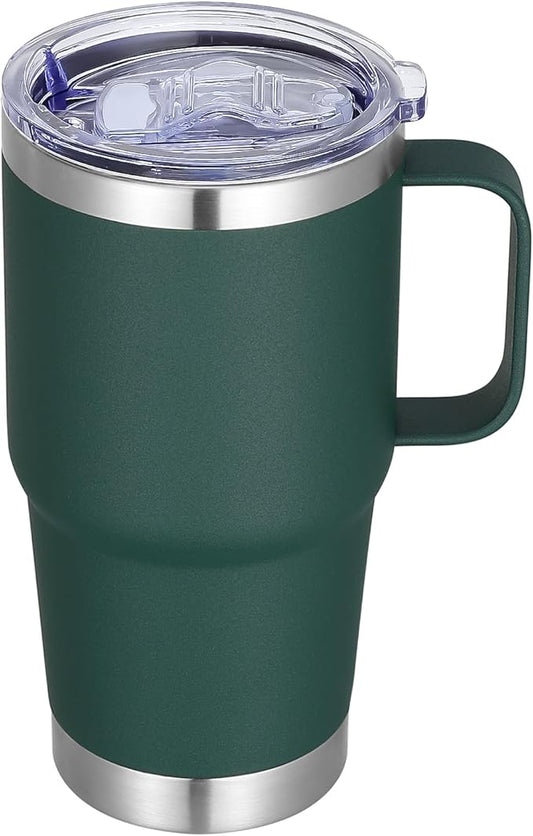 20 oz Stainless Steel Tumbler with Handle Metal Insulated Coffee Travel Mug with Handle Double Wall Tumbler Cup with Lid and Straw, Dark Green 1 Pack