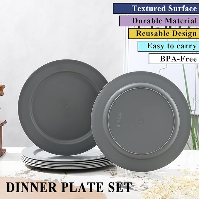 Berglander Plastic Plates Set of 8 Pieces 10", Gray Reusable Flat Dinner Plates, Salad Plates, Pasta Bowls, Dishes Set Easy to Carry for Home, Garden, Picnic, Camping, Outdoor