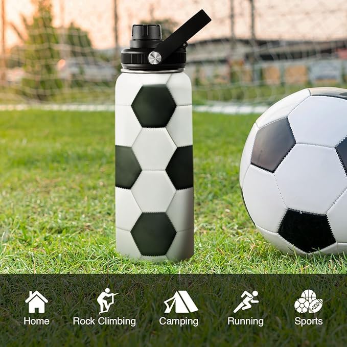 Soccer Water Bottle with Lid - 32oz Insulated Stainless Steel Sport Bottles - Gift for Men Soccer Player Fan Coach
