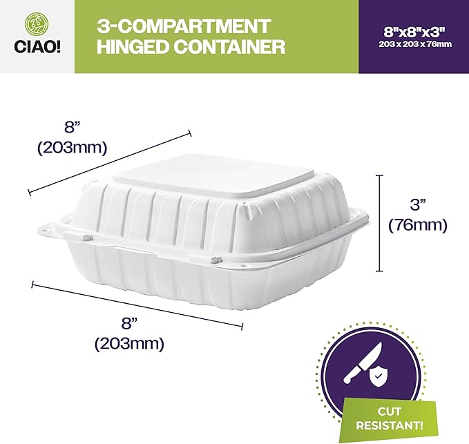 CIAO! 8"x8"x3" MFPP White Hinged Container With Lid 3 Compartment (Case of 200)