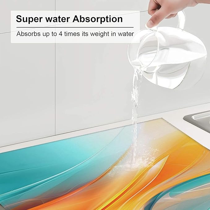 Teal Orange Geometric Wave Dish Drying Mat for Kitchen Counter, Absorbent Microfiber Drying Pad for Kitchen Dishes, 16" x 18" Polyester, Washable, Reusable, Foldable, for Dining Area, Small Appliances