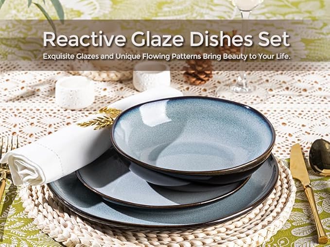 LeRatio Ceramic Dinnerware Sets for 4,Wavy Reactive Glaze Stoneware Plates and Bowls Sets,Highly Scratch Resistant | Dishwasher & Microwave,Oven Safe Dishes Set(12PCS)