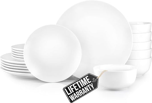 Zulay Kitchen Icon Porcelain Dinnerware Set, Service For 6 - Chip & Scratch Resistant White Plates And Bowls Sets - Microwave & Dishwasher Safe - White