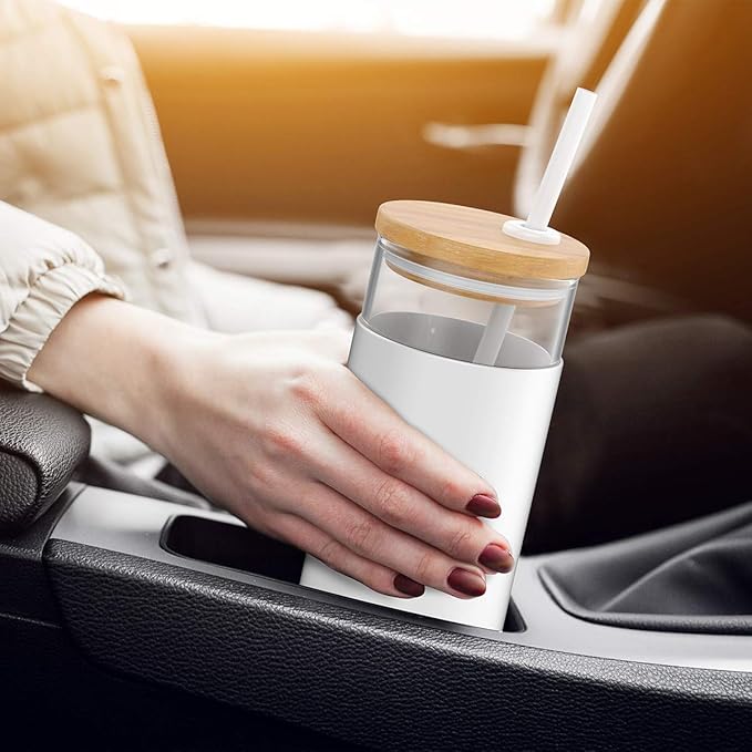 Tronco 20 oz Glass Tumbler with Lid and Straw, Iced Coffee Cup and Smoothie Cup with Bamboo Lids & Protective Silicone Sleeve, Dishwasher Safe, BPA-Free, Glass Cup 2 Pack