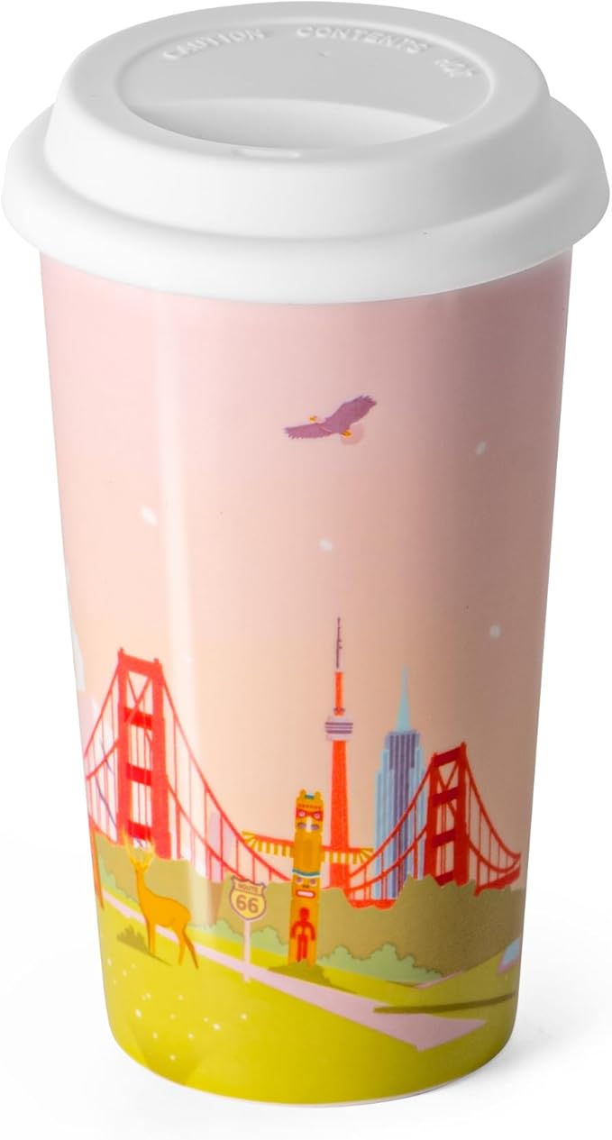 US Landmarks Travel Coffee Mug, Ceramic Coffee Travel Mug with Lid 12 Oz Double-wall To Go Travel Latte Cup for Car-Cup-Holder, Pale Pink for Women Men Girl Boy Sister Friends Birthday Christmas Gift