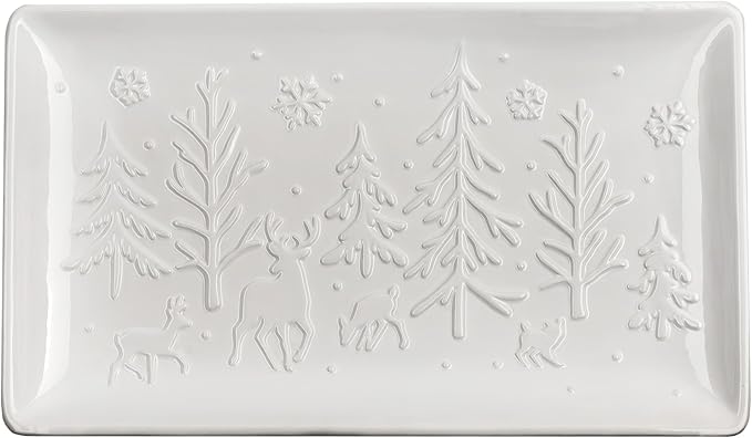 AuldHome Design Reindeer Christmas Tree Platter; Ceramic Embossed White Serving Tray
